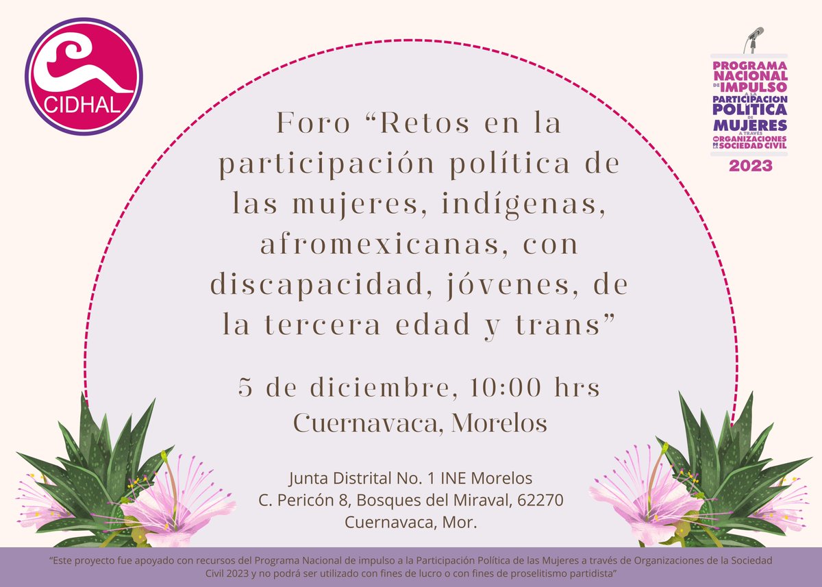 Te invitamos al #Foro donde las #institucioneselectorales nos brindarán claves para la participación política en el proceso electoral 2023-2024 
#5dic 10:00 hrs. Junta Distrital 1 INE Morelos inscripciones forms.gle/MjH3NjRrwtiPs9… <a href="/Modemmujer/">Modemmujer</a> <a href="/arlaee_aa/">arlaeearellanoamilpa</a> <a href="/Mirelle_Mtz/">Mirεℓℓε Mαrƭíɳεƶ ♀</a>