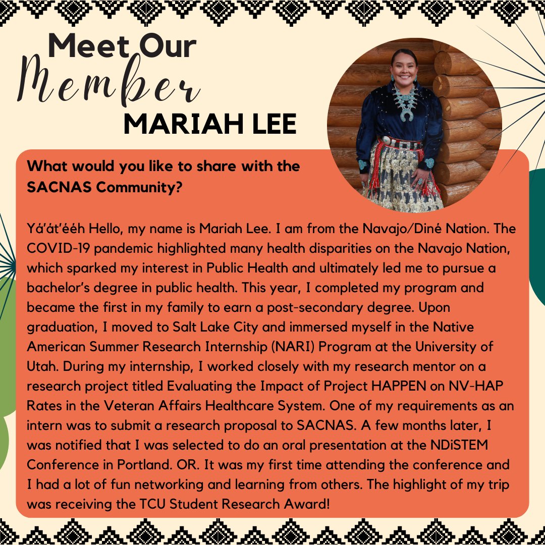 SACNAS's tweet photo. Please join us in welcoming our member, Mariah Rae Lee!

SACNAS is proud to celebrate #NativeAmericanHeritageMonth by highlighting our Native members throughout the month! 

#SACNAS #NAHM #STEM #NativeinSTEM #IndigenousinSTEM #NativeInitiatives https://t.co/4BELqmRma4