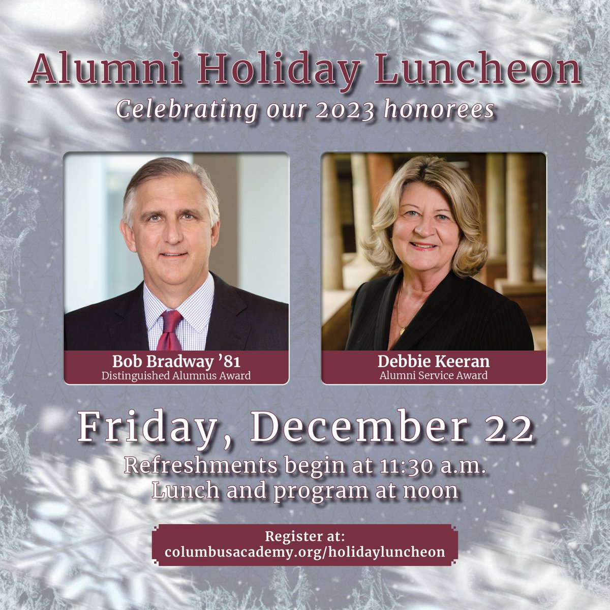 CA.Alumni (@vikingsalumni) on Twitter photo Join us for our Alumni Holiday Luncheon at The Grand Event Center at Grandview Yard on December 22, as we honor Bob Bradway '81 with the 2023 Distinguished Alumnus Award and Debbie Keeran as the recipient of our 2023 Alumni Service Award! Register at columbusacademy.org/holidayluncheon. Join us for our Alumni Holiday Luncheon at The Grand Event Center at Grandview Yard on December 22, as we honor Bob Bradway '81 with the 2023 Distinguished Alumnus Award and Debbie Keeran as the recipient of our 2023 Alumni Service Award! Register at columbusacademy.org/holidayluncheon.