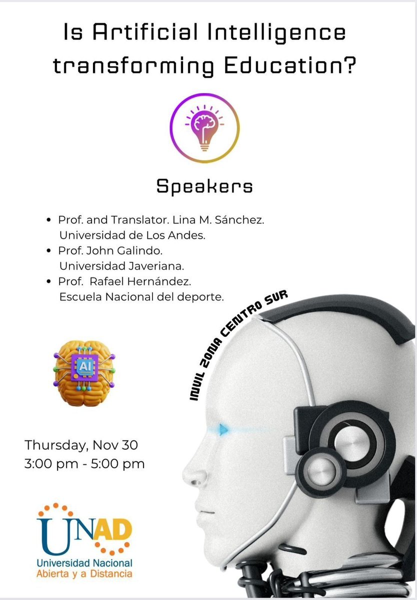 InvilOnAir's tweet photo. Cordialmmente invitados.

Conversatorio.
Is Artificial Intelligence transforming Education?
NOV 30
3 A 5 PM

Link de r,egistro (inscripción) y acceso al https://t.co/3YAPtEcQ90 https://t.co/9Plnt8xyA6