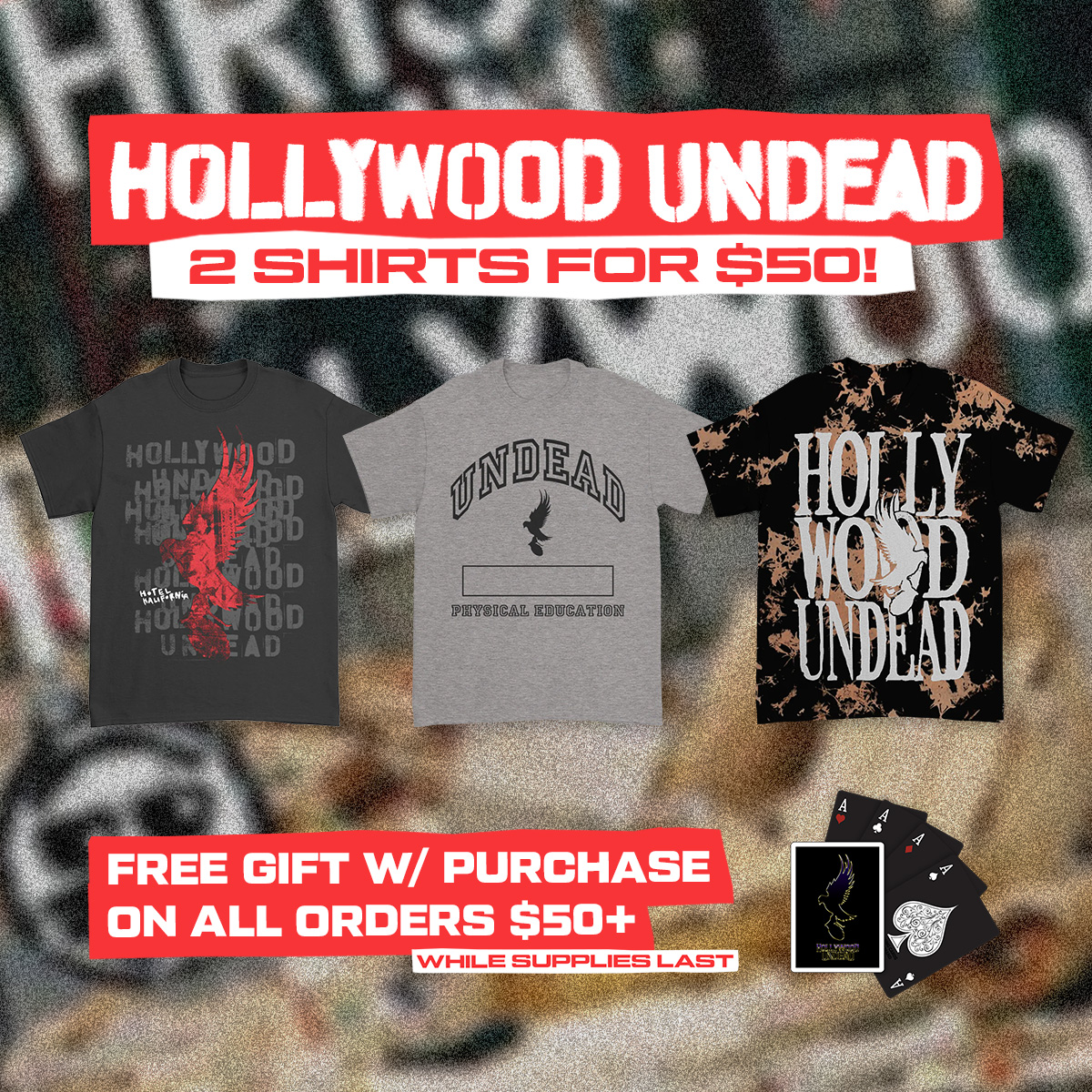 It’s the most wonderful sales of the year 🤑🎁 2 for $50 tees + a free gift! (only valid now-Sunday) PLUS 3 limited edition holiday bundles 🕊️ Shop now at store.hollywoodundead.com
