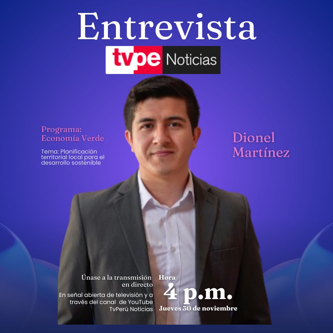 Los invitamos a seguir la programación de <a href="/noticias_tvperu/">TVPerú Noticias</a>, donde <a href="/DionelMarC/">Dionel Martínez 🏳️‍🌈</a>, miembro de nuestra asociación, estará hablando sobre la importancia de la planificación territorial para el desarrollo sostenible, en el programa Economía Verde de las 4 de la tarde de hoy. #Entrevista