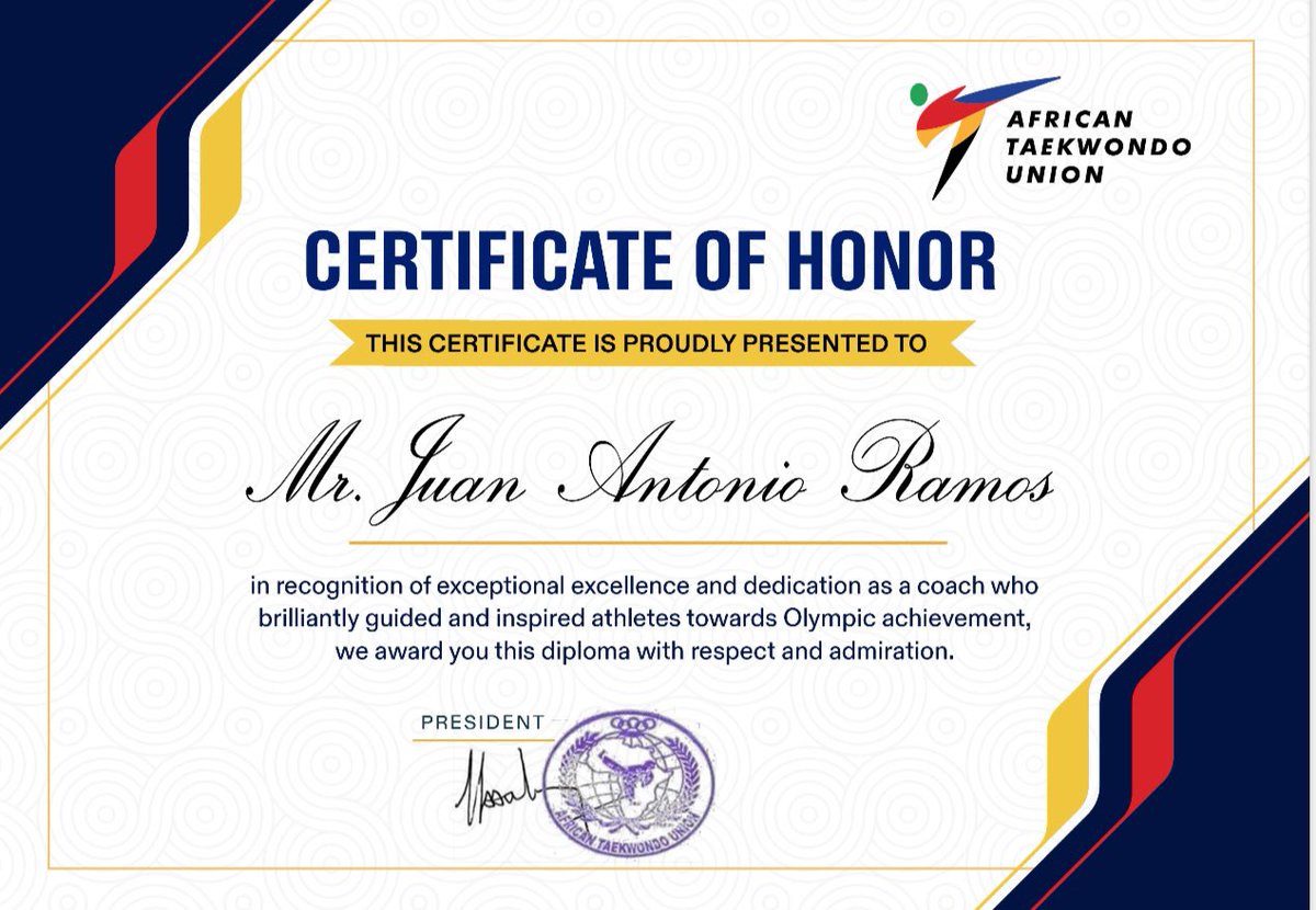 Thank you very <a href="/AFTU_Taekwondo/">African Taekwondo Union</a> for the recognition of my work as a trainer and coach. We will continue working with the same enthusiasm, dedication and humility to achieve the dreams of my athletes. It is a pride