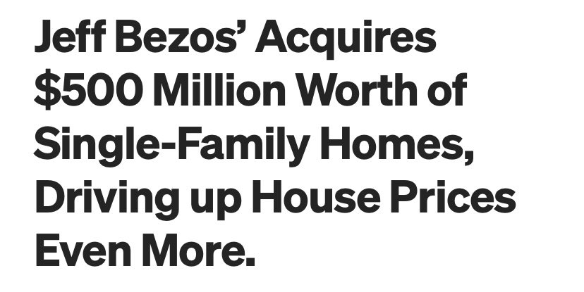 Bezos is the quintessential capitalist. He made a fortune by exploiting our labor and used that fortune to hoard shelter from us. He wins big, we all lose big. Capitalism in a nutshell.