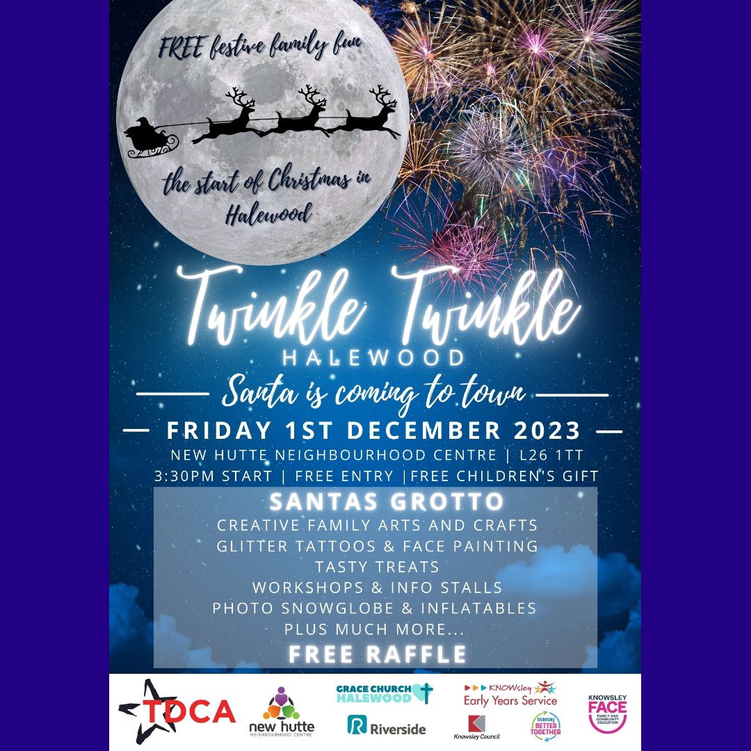 TDCA_2013's tweet photo. Just ONE MORE SLEEP until Twinkle Twinkle transforms our town into a magical wonderland! 🎉🌟 Santa, gifts, and free activities await! 🎅🎁 The excitement is building—see you there for a night of Christmas joy! 🌈🎄 #HelpingHalewood #TwinkleTwinkle #CountdownToMagic #Community https://t.co/zOz21u0y1A