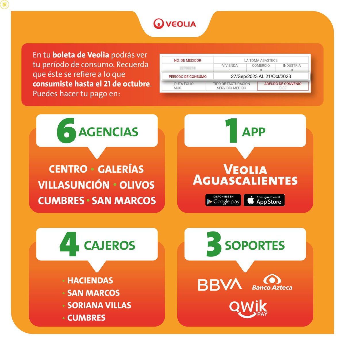 VeoliaAgs's tweet photo. ✍️ No olvides que el pago por el servicio que te ofrecimos hasta el 21 de octubre, se refleja en tu recibo de noviembre.

¡Utiliza cualquiera de nuestros canales disponibles para saldar tu cuenta fácilmente! 🙌 https://t.co/zFMe9suaSx