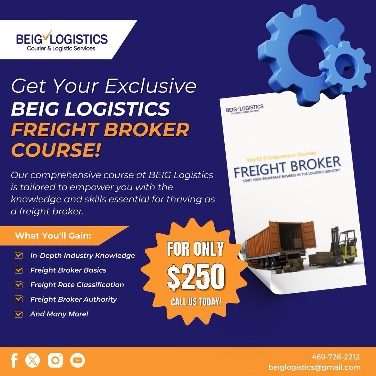 BeigLogistics's tweet photo. Our comprehensive course is the key to unlocking your potential as a thriving freight broker. Elevate your skills, seize opportunities, and redefine success. Your journey begins here.  #Logistics #FreightBroker https://t.co/4owcMj5DUv