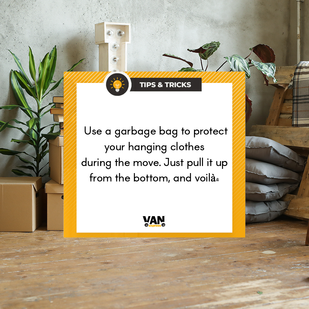 Use a garbage bag to protect your hanging clothes during the move. Just pull it up from the bottom, and voilà!

#packingtips #packingclothes #howtopack #vanexpressmovingcompany #professionalpackers