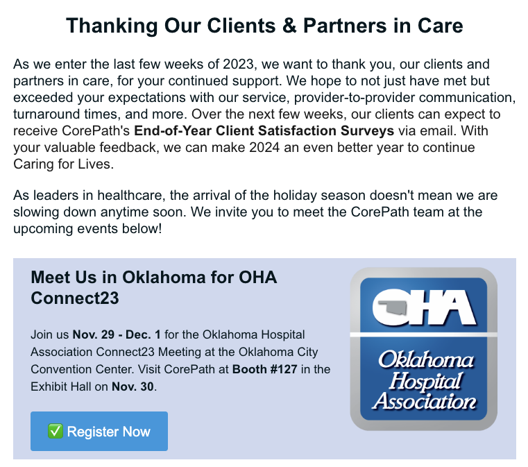 CorePath's tweet photo. Our latest Client eNewsletter is out now! View now at https://t.co/Xy7znLjw3V

#hematopathology #hemepath #diagnostics #referencelab #laboratorytesting #oncology #pathology #hospitals #cancerdiagnostics #OHA #Connect23 #OKC #Oklahoma #NCOMS #NorthCarolina #CaringforLives https://t.co/G6F4yZRFFu