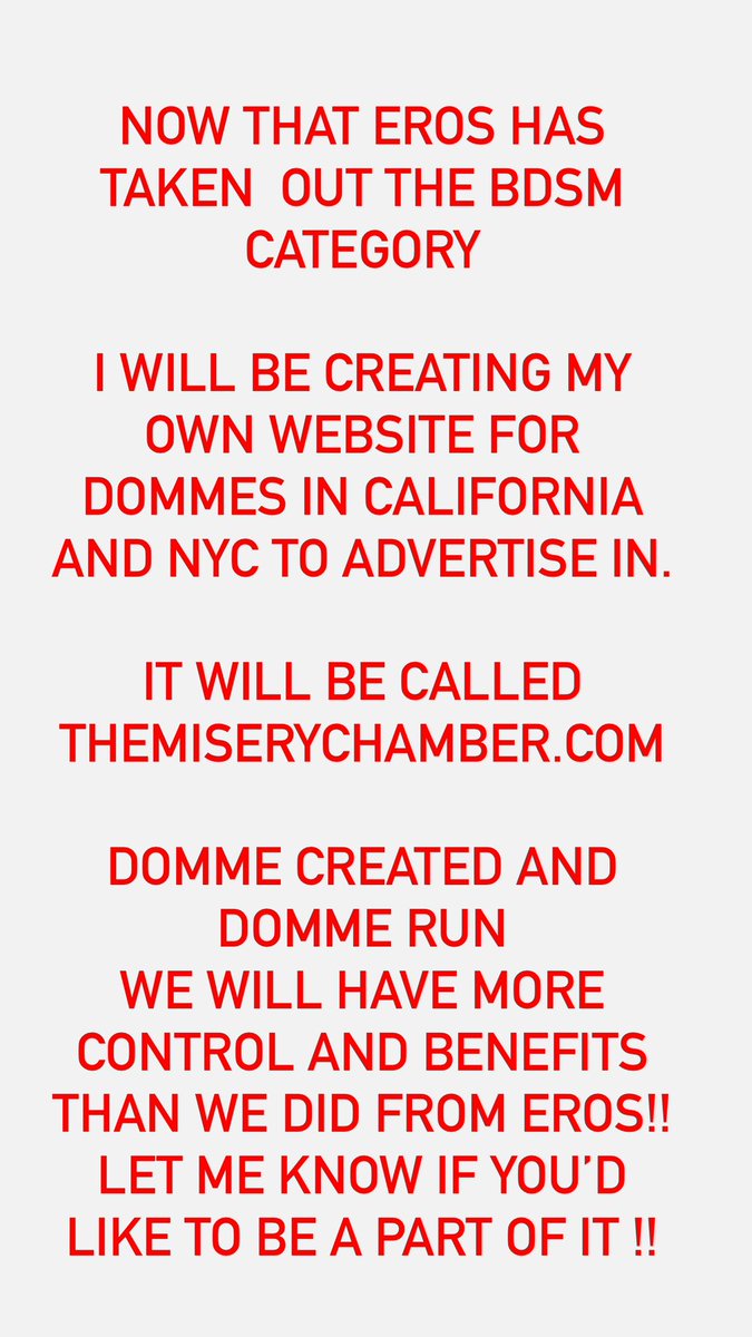 yesmasterval's tweet photo. All dommes in Cali and NYC who want to band together and advertise with me due to Eros removing our bdsm category, let’s talk!! 🖤
Email me : itsvalentinabih@gmail.com https://t.co/2dZ54j189g