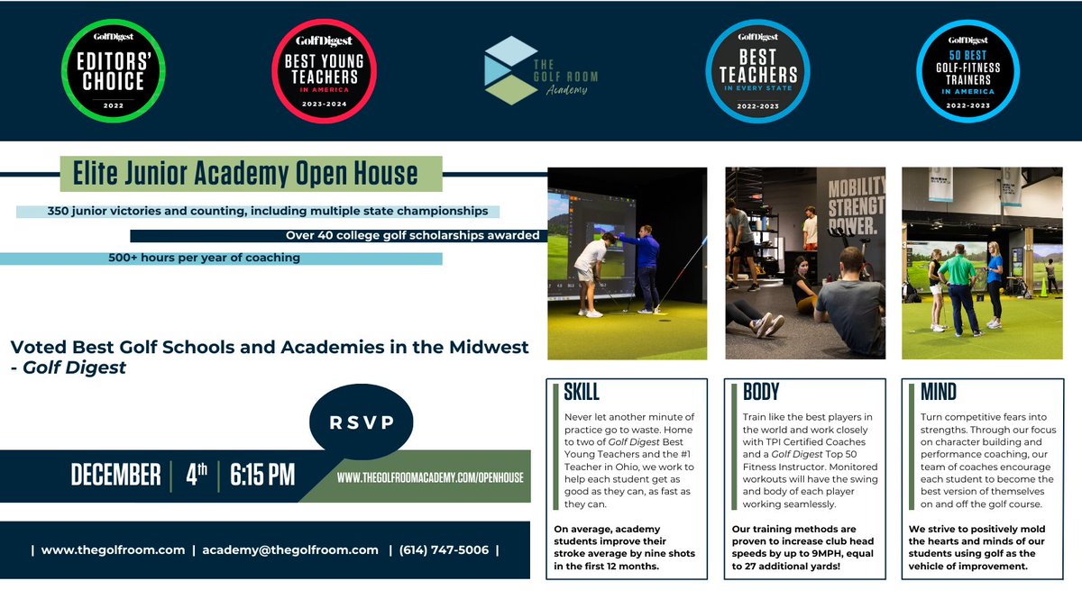 thegolfroomoh's tweet photo. The Golf Room Junior Academy provides a full plan for players to get better and prepares them to become their best on and off the course.

Join us on December 4 at 6:15PM and learn why we have been recognized by @GolfDigest as one of the Best Schools and Academies in the Midwest. https://t.co/vL0rae6j2E