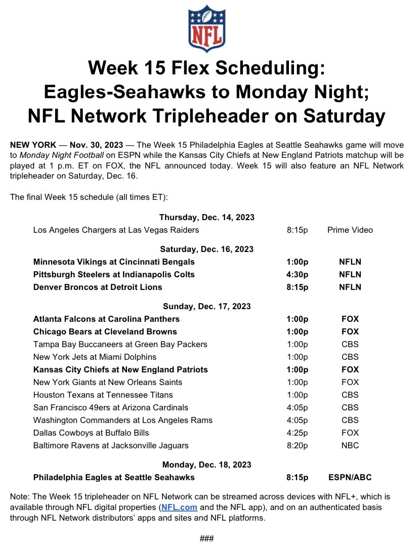 Week 15 flex sked update- 3 Saturday ⁦@nflnetwork⁩ games finalized; first Monday Night Football flex. Via @nfl345