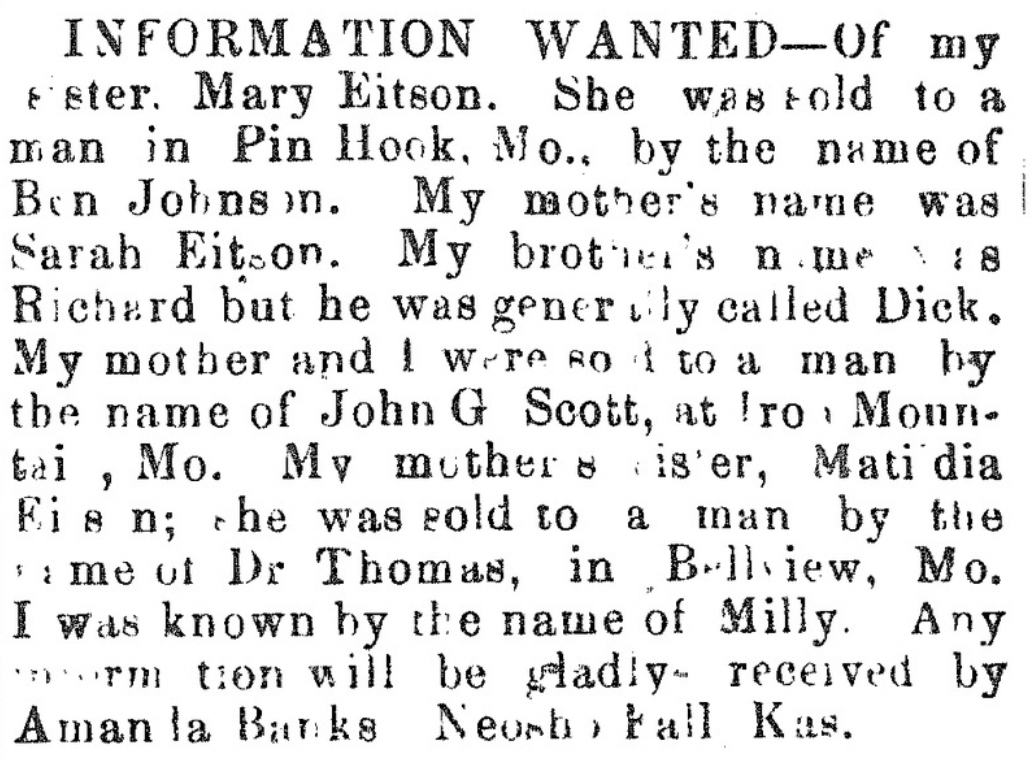 #OnThisDay in 1891, Amanda Banks -- better known as Milly — sought information on her sister, Mary Eitson. When last heard from, she was enslaved by a man named Ben Johnson.

#lastseenproject #BlackHistory #BlackGenealogy #DigitalHistory #DigitalGenealogy @NHPRC