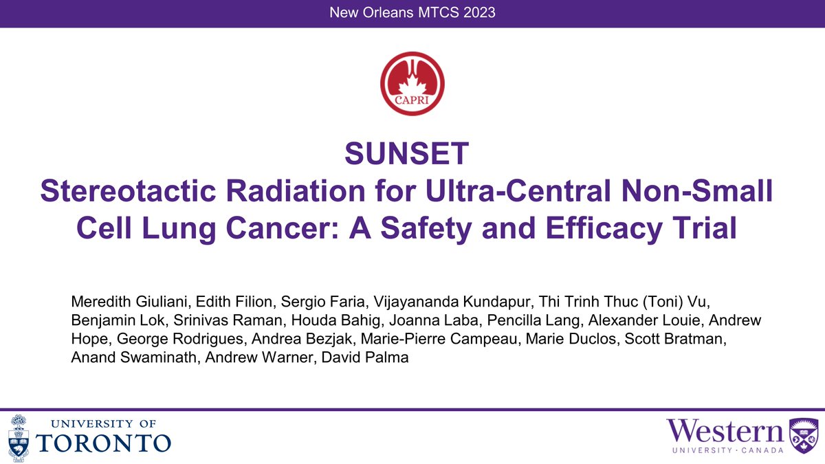 Today at #thoracic23 we presented the results of the SUNSET trial of SABR for ultra-central tumors, led by @MeredithGiulia1