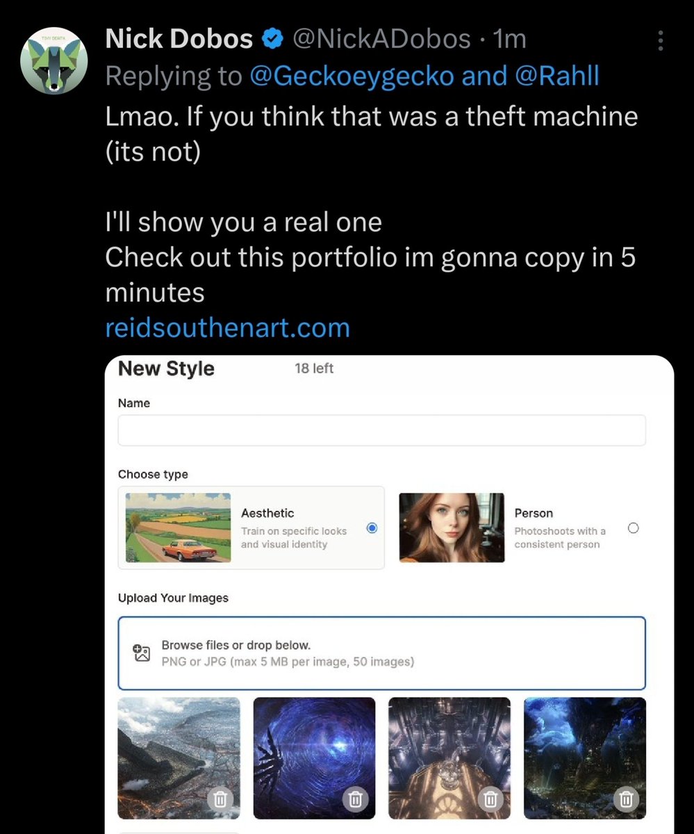 AI bro who complains his prompts and code are being stolen turns around and steals from me to train an AI on my work. He also blocked me immediately after posting this. How can these people claim to be in the right when they're maliciously weaponizing AI against artists.