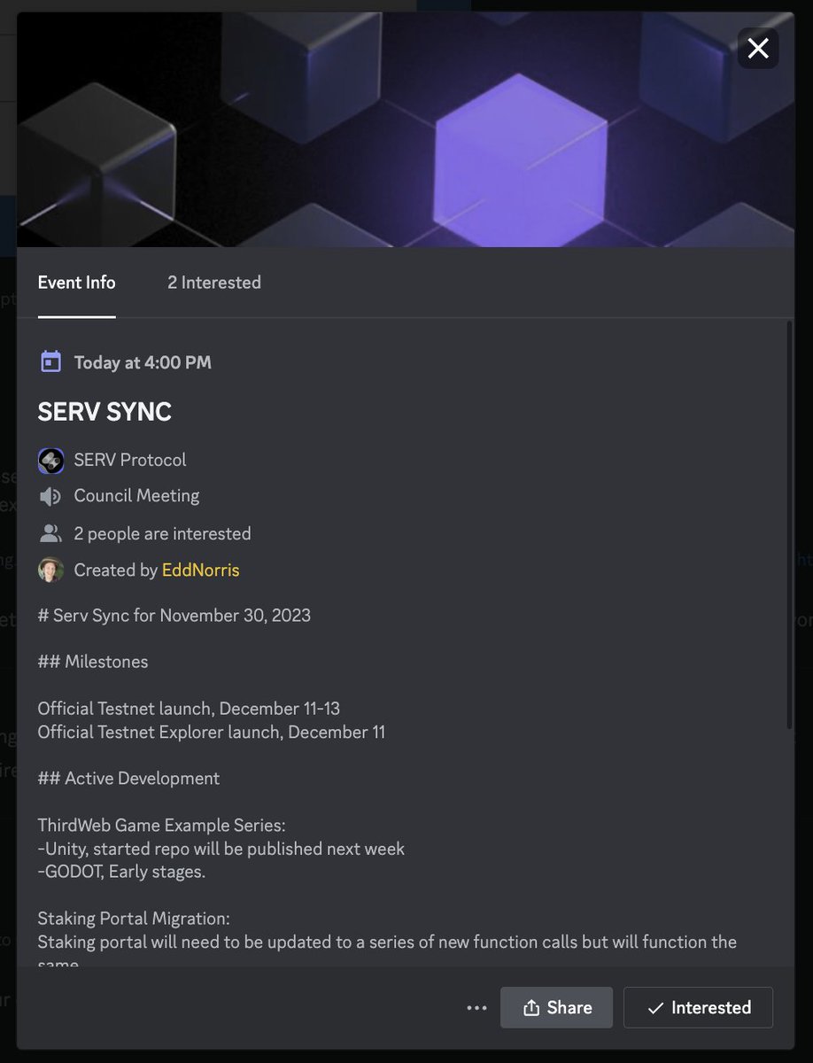 servprotocol's tweet image. #SERVSYNC 16 Later Today in the discord!

## Milestones

Official Testnet launch, December 11-13
Official Testnet Explorer launch, December 11

## Active Development 

ThirdWeb Game Example Series:
-Unity, started, repo will be published next week
-GODOT, Early stages.

Staking…