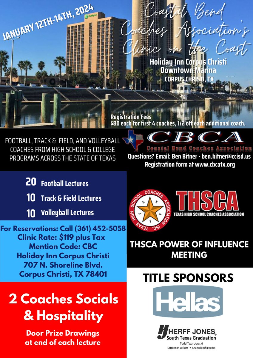 Coastal Bend Coaches Association (@cbcatx1) on Twitter photo CBCA Clinic on the Coast January 12-14. Great Line-up of Football, Volleyball & Track Speakers! DON'T MISS OUT!! <a href="/Matt_Stepp817/">Matt Stepp</a> <a href="/ChrisThomasson7/">Chris Thomasson - KIII Sports</a> <a href="/THSCAcoaches/">THSCA</a> <a href="/CoachKOMiller/">Kendall Miller</a> <a href="/coachrdodge/">Riley Dodge</a> <a href="/CarlosLynn/">Carlos Lynn</a> <a href="/Hartman3Clint/">Clint Hartman</a> <a href="/UTRGVFootball/">UTRGV Football</a> <a href="/CheHendrix/">Che Hendrix</a> <a href="/therealraygates/">Ray Gates</a> <a href="/MikeRoach247/">Mike Roach</a> CBCA Clinic on the Coast January 12-14. Great Line-up of Football, Volleyball & Track Speakers! DON'T MISS OUT!! <a href="/Matt_Stepp817/">Matt Stepp</a> <a href="/ChrisThomasson7/">Chris Thomasson - KIII Sports</a> <a href="/THSCAcoaches/">THSCA</a> <a href="/CoachKOMiller/">Kendall Miller</a> <a href="/coachrdodge/">Riley Dodge</a> <a href="/CarlosLynn/">Carlos Lynn</a> <a href="/Hartman3Clint/">Clint Hartman</a> <a href="/UTRGVFootball/">UTRGV Football</a> <a href="/CheHendrix/">Che Hendrix</a> <a href="/therealraygates/">Ray Gates</a> <a href="/MikeRoach247/">Mike Roach</a>