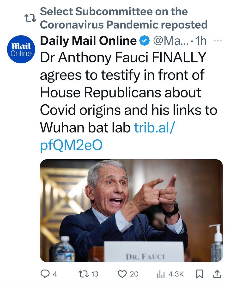 This @MailOnline headline is a lie. Fauci has always agreed to testify. The @COVIDSelect Subcommittee FINALLY asked him to last week. That they retweeted this lie is all you need to know about how they roll.