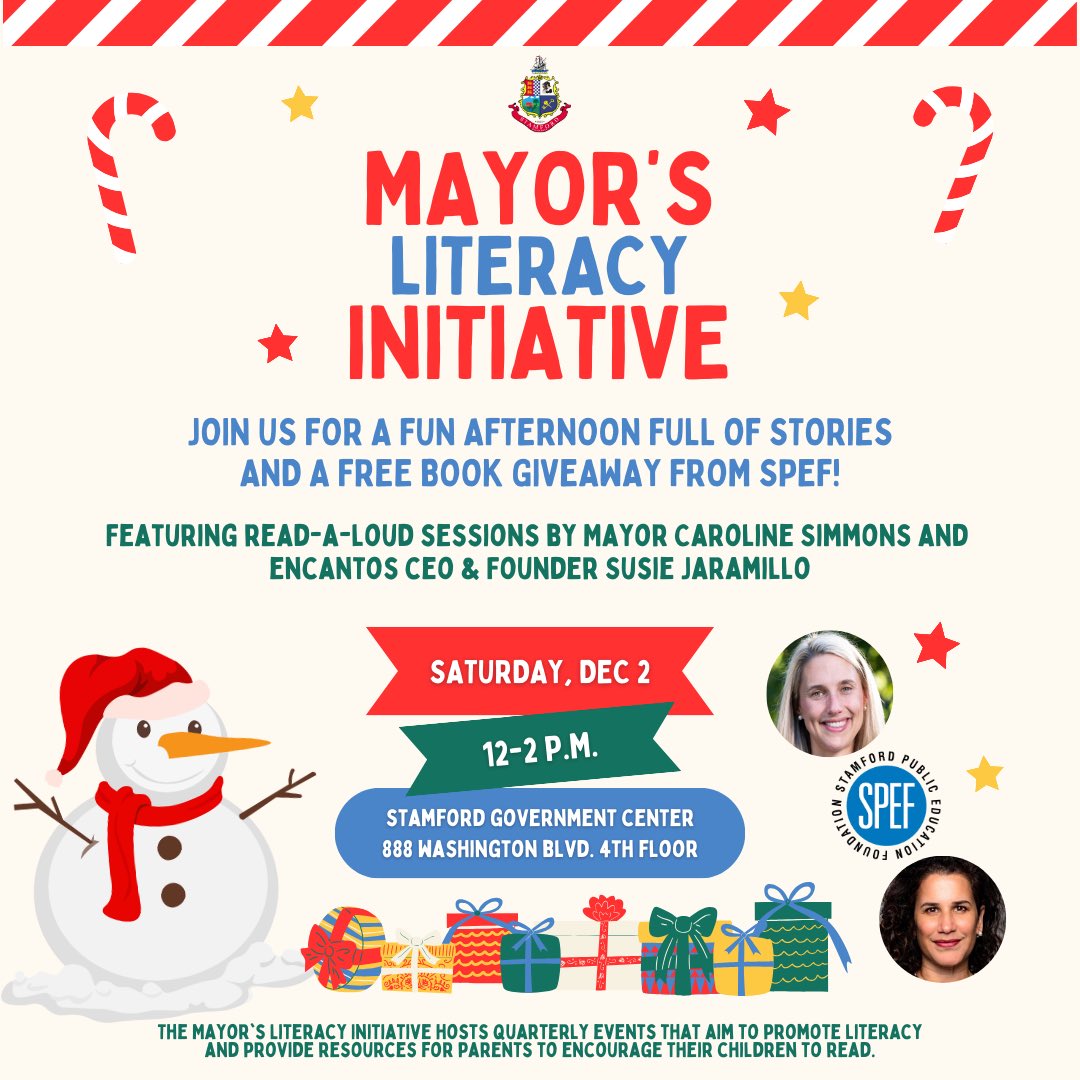 Join us this Saturday 12/2 from 12-2PM for fun and reading with @MayorCarolineCT and @Encantos CEO & Founder @SuJaramillo at the Stamford Government Center! There will be stories read & a FREE book giveaway hosted by @SPEFct! Hope to see you there! 📚