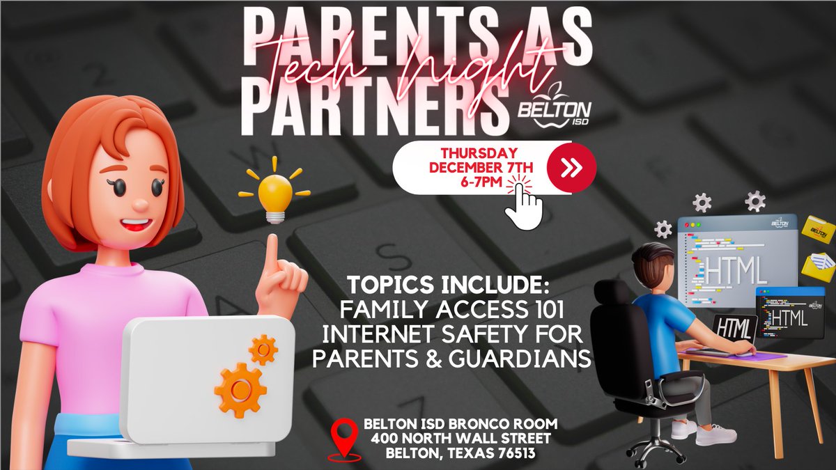Join us on December 7th at 6:30 PM for two informative sessions hosted by the Belton ISD Technology Department.

Session 1: Family Access 101
Session 2: Internet Safety for Parents and Guardians
Don't miss out on these valuable sessions!
#BeltonISD #ParentsAsPartners