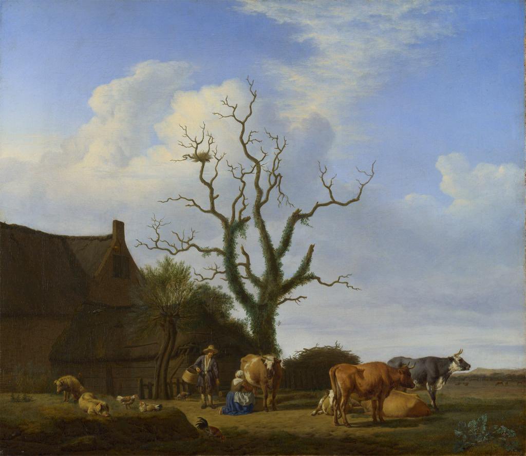 PP_Rubens's tweet photo. 2/2 Farm, 1658. Tree is dead. But livestock all alive! Because it’s by Adriaen van de Velde, whose birthday is today. https://t.co/tTcOPFX6yx