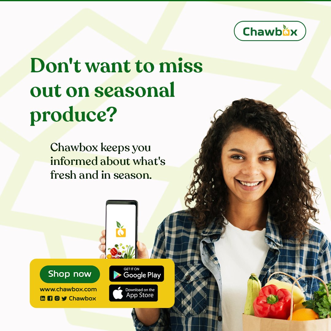 chawbox's tweet photo. Don't want to miss out on seasonal produce?

Visit Chawbox today!

#Chawbox
#groceriesinlagos https://t.co/U6zgRJ4Sjq
