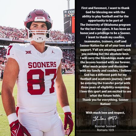 Thank you for everything Sooner Nation! I will be entering the transfer portal with 3 years of eligibility remaining. #BoomerSooner