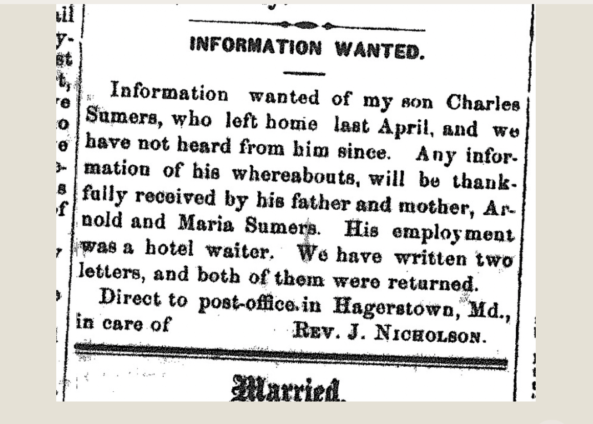 #OnThisDay in 1867, Arnold and Maria Sumers hoped to find their son, Charles. He worked as a hotel waiter and never received the two letters his parents sent to him.

#lastseenproject #DigitalHistory #DigitalGenealogy @NHPRC