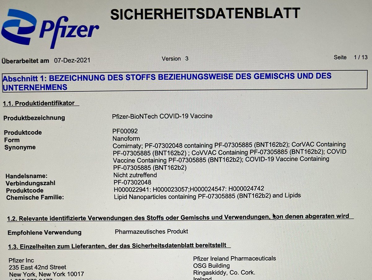 AnwaltUlbrich's tweet photo. Thema heute: "OEB5 = hohes toxisches Potential - erklärt wer bitte? Pfizer - für "Process2"?"

Heute musste ich mir mehrfach die Augen reiben, da ich nicht glauben konnte, was ich da lese.

Also das Lipid-Nanopartikel (LNP), das auch BioNTech verwendet, die ALC0159 und ALC0315 werden mit OEB 3 angegeben, also hazardous, übersetzt "gefährlich". Nun kommt in so ein LNP die modRNA - also die modifizierte RNA hinein, im Process2 einst über E-Coli-Bakterien und Plasmide gewonnen wurde. 

Das Gesamtpaket "Comirnaty", das den Code PF-07302048 zugewiesen bekommen hat, wird dann nach der "Hochzeit" mit der modRNA in Gefahrenklasse OEB5 eingestuft, also very highly hazardous, oder auch https://t.co/7dMv7NPJqp wie es dort heißt "hohes toxisches Potential". 

So, woher weiß man denn, dass PF-07302048 auch tatsächlich Comirnaty ist. Dazu muss man dann in das Sicherheitsdatenblatt von "Comirnaty" vom 07.12.2021 schauen. Dort sind die Sicherheitscodes und die Zuordnung zu Comirnaty hinterlegt. 

Jetzt kann man natürlich sagen, dass die Einstufung die Handhabung betrifft. Sie greift aber schon ab 1 Mikrogramm. Wir erinnern uns - die Dosis für Erwachsene beträgt 30 Mikrogram und einige unsere Mandanten haben 5 oder mehr davon. 

Die öffentliche Einstufung als gänzlich harmlos und "nebenwirkungsfrei" lässt sich mit der Wertung des Herstellers selbst und der OEB5 Klassifizierung nicht in Einklang bringen. Auch die Tatsache, dass ALC0159 und ALC0315 isoliert ohne modRNA "nur" als "gefährlich" eingestuft werden, aber das Gesamtprodukt auf einmal als "sehr hoch gefährlich" bedarf doch einer Erklärung, die nicht allein in der Arbeitssicherheit begründet liegen kann. 

Hätte ein Impfling vorher die OEB5 Einstufung gekannt, hätte sich sicher keiner damit die Spritze setzen lassen.

#Toxisch #Comirnaty #Sicherheitsdatenblatt #OEB5 #Impfung #Impfschaden #Impfschäden #VaccineInjuries #PostVac #vaccinedeaths #vaccination #Nebenwirkungen