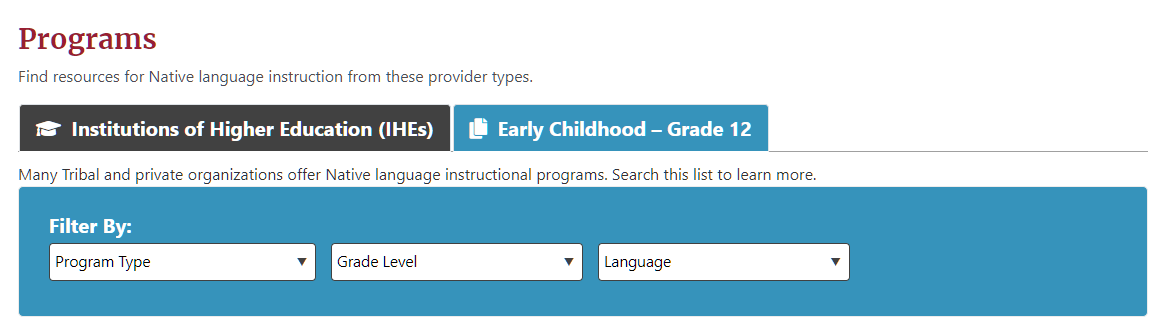 OIEIndianED's tweet photo. #NALRC: There are many programs that are dedicated to increasing awareness and building fluency in #NativeLanguages. Use our Programs page to search for one that is right for you. Filter by #HigherEd or K-12, language, location, and more! https://t.co/SAeRWnQeYR https://t.co/dBrXL4RU0T