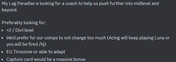 MyLagParadise's tweet photo. We are looking for a coach :3

Dm this account or HarryXYZ on Discord if interested https://t.co/NBU9MtDpSz