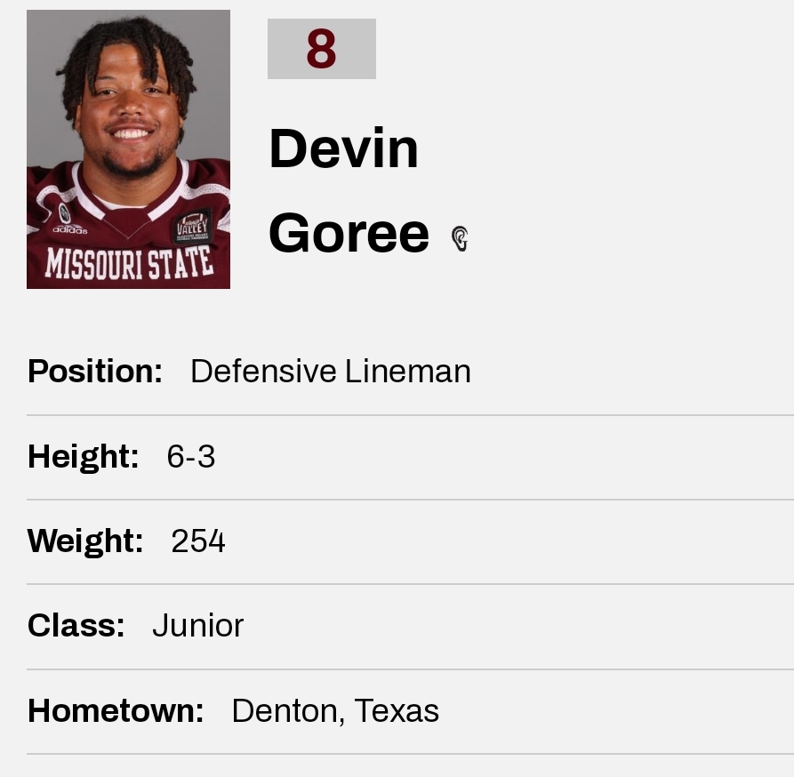 Missouri State DL Devin Goree entered the portal as a grad transfer; in last two seasons he totaled 66 tackles, 15 TFL and 9.5 sacks @Devingoree_