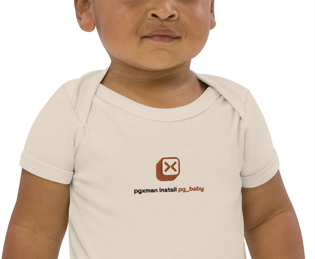 JoeSciarrino's tweet photo. the @pgxman swag shop has "pgxman install pg_baby" 🤣 at https://t.co/5zVOpJhrnC https://t.co/TQFpDHrXJZ