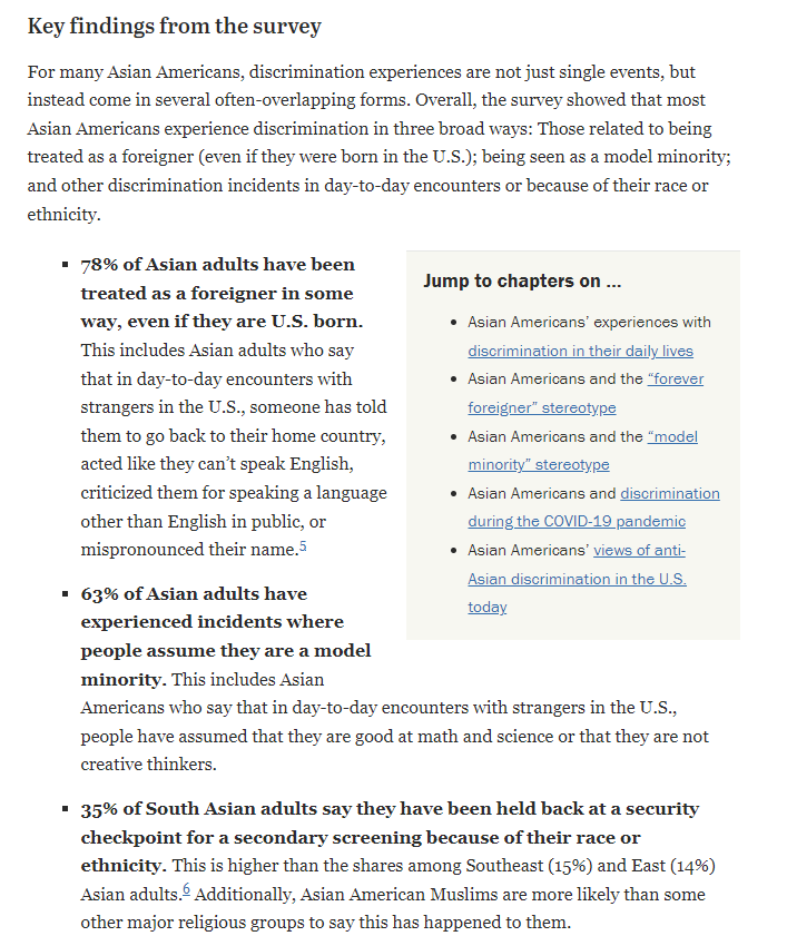 John Gramlich (@johngramlich) on Twitter photo NEW <a href="/pewidentity/">Pew Research Race and Ethnicity</a> survey looks at Asian Americans' experiences with discrimination. It finds three broad categories: 1) being treated as a foreigner, even for those born in the US; 2) being seen as a "model minority"; 3) day-to-day encounters tied to race. pewrsr.ch/411RZ1A NEW <a href="/pewidentity/">Pew Research Race and Ethnicity</a> survey looks at Asian Americans' experiences with discrimination. It finds three broad categories: 1) being treated as a foreigner, even for those born in the US; 2) being seen as a "model minority"; 3) day-to-day encounters tied to race. pewrsr.ch/411RZ1A