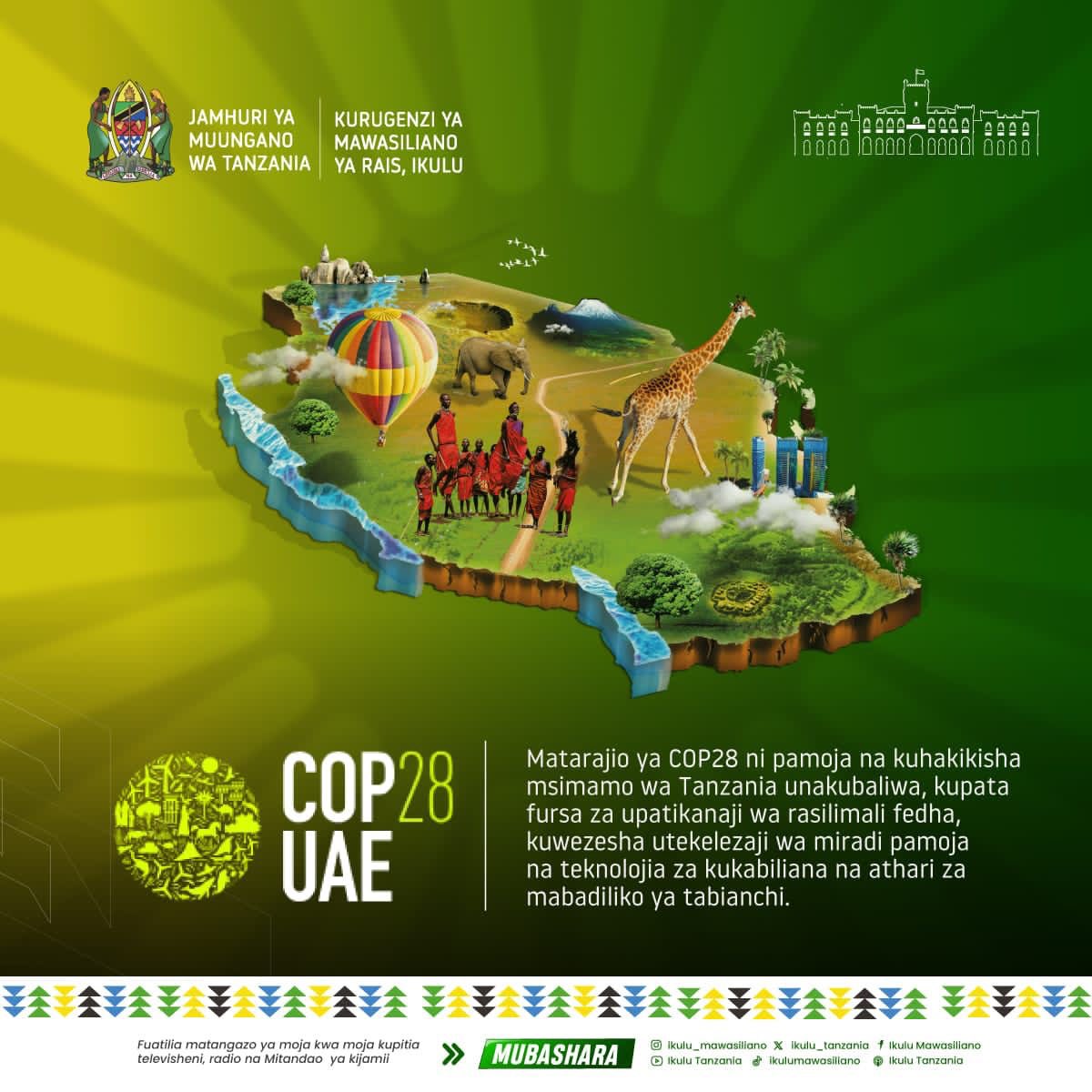 #COP28 , mkusanyiko mkubwa zaidi kwa mwaka 2023 unaojadili juu ya hali ya hewa. Wakati huo, ulimwengu umedhamiria kuungana, kuchukua hatua pamoja na kutoa suluhu zinazoweza kuchukuliwa juu ya tatizo la hali ya hewa na mabadiliko ya Tabia Nchi.

 #ClimateAction #UniteActDeliver