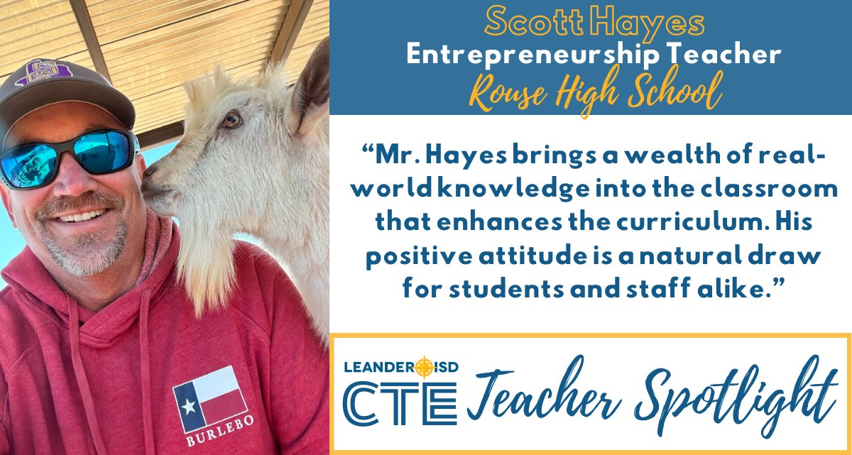 Scott Hayes at @RouseHighSchool is this month's @LeanderCTE Teacher Spotlight! Hayes teaches all of Rouse's entrepreneurship classes. During his first year, more than 15 of his students earned industry-based certifications. Read more: bit.ly/3T45Qmk #NoPlaceLikeLISD