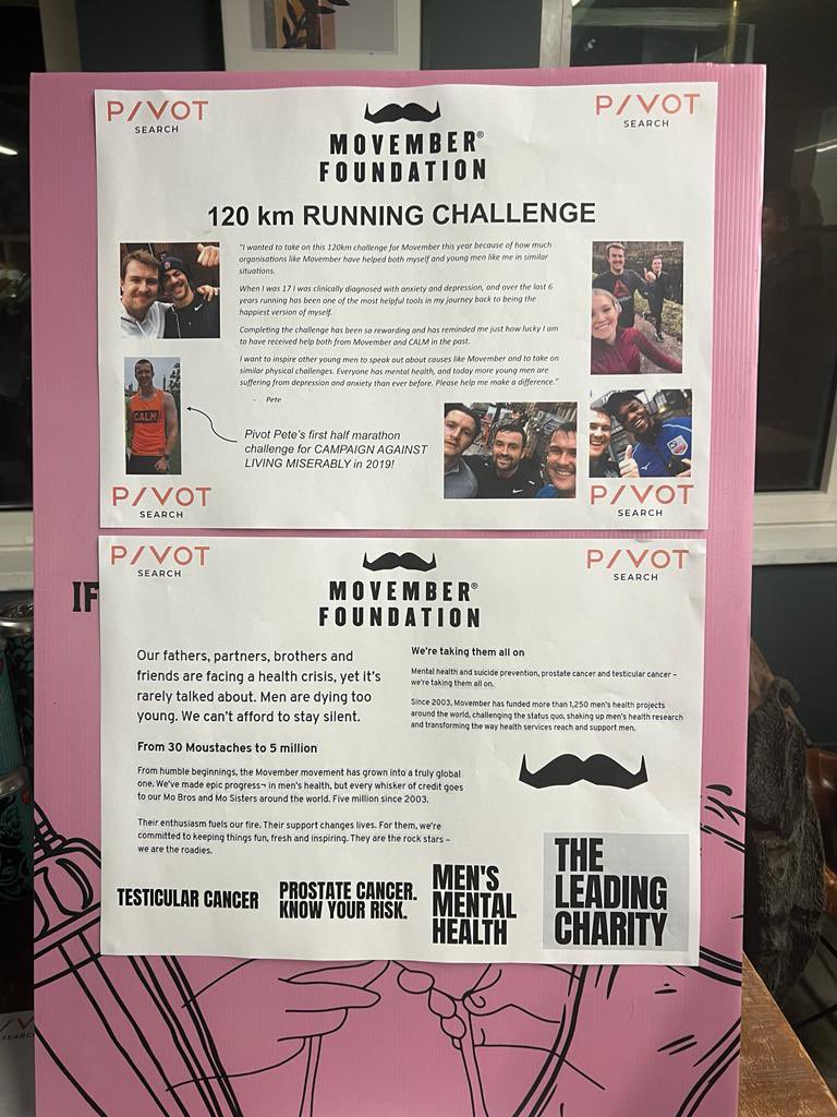 Arch_Convey's tweet photo. Well done to our friends @PivotSearch who have completed a 120km running challenge for @MovemberUK 👏

Everyone at Arch.Convey want to thank you for hosting a fundraiser this evening raising money for a fantastic charity! @avenuehq_lds @ProstateUK @andysmanclubuk @TesticularUK https://t.co/0Bu11Vjvlc