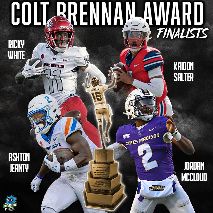 The finalists for our 2023 Colt Brennan Award, given to the most outstanding player in the Group of Five:

- UNLV WR Ricky White (<a href="/Only1RW/">Ricky White lll</a>)
- Liberty QB Kaidon Salter (<a href="/07ksalt/">K7</a>)
- Boise State RB Ashton Jeanty (<a href="/AshtonJeanty2/">Deuce 2️⃣</a>)
- James Madison QB Jordan McCloud (<a href="/Jordan_McCloud3/">Jordan McCloud3️⃣</a>)