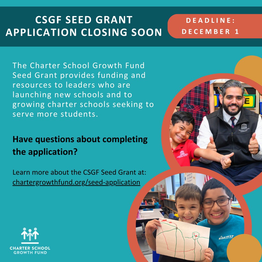 CharterGrowth's tweet photo. Applications are due tomorrow!

All applications must be submitted by Dec 1 @ midnight MT. 
To apply and to learn more about the Seed Grant visit https://t.co/TUh0KVhcrd 

#CSGF #CharterGrowth #Education #Grant #Funding #fundingopportunity #charterschools #charter https://t.co/covfF11aai