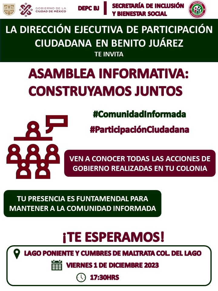 PCBJCDMX's tweet photo. ¡Te mantenemos informado!
El equipo de #PCBJ te invita el día de mañana Viernes 1ro de Diciembre a la: Asamblea Informativa "Construyamos Juntos" que se llevará a cabo en Lago Poniente y Cumbres de Maltrata, en la col. #DelLago.
¡Los esperamos!
#ParticipacionCiudadana #CDMX https://t.co/SUqxROlwvs