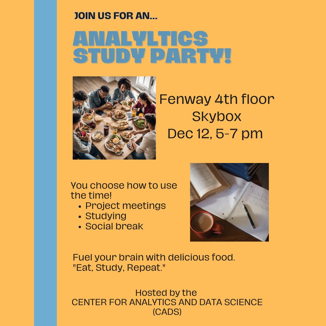 BentleyCADS's tweet photo. @bentleyu analytics students, mark your calendars!  We know you'll need to study for finals, so you might as well do it with friends, fancy food, and our fabulous faculty! https://t.co/OFgx9AwOcS