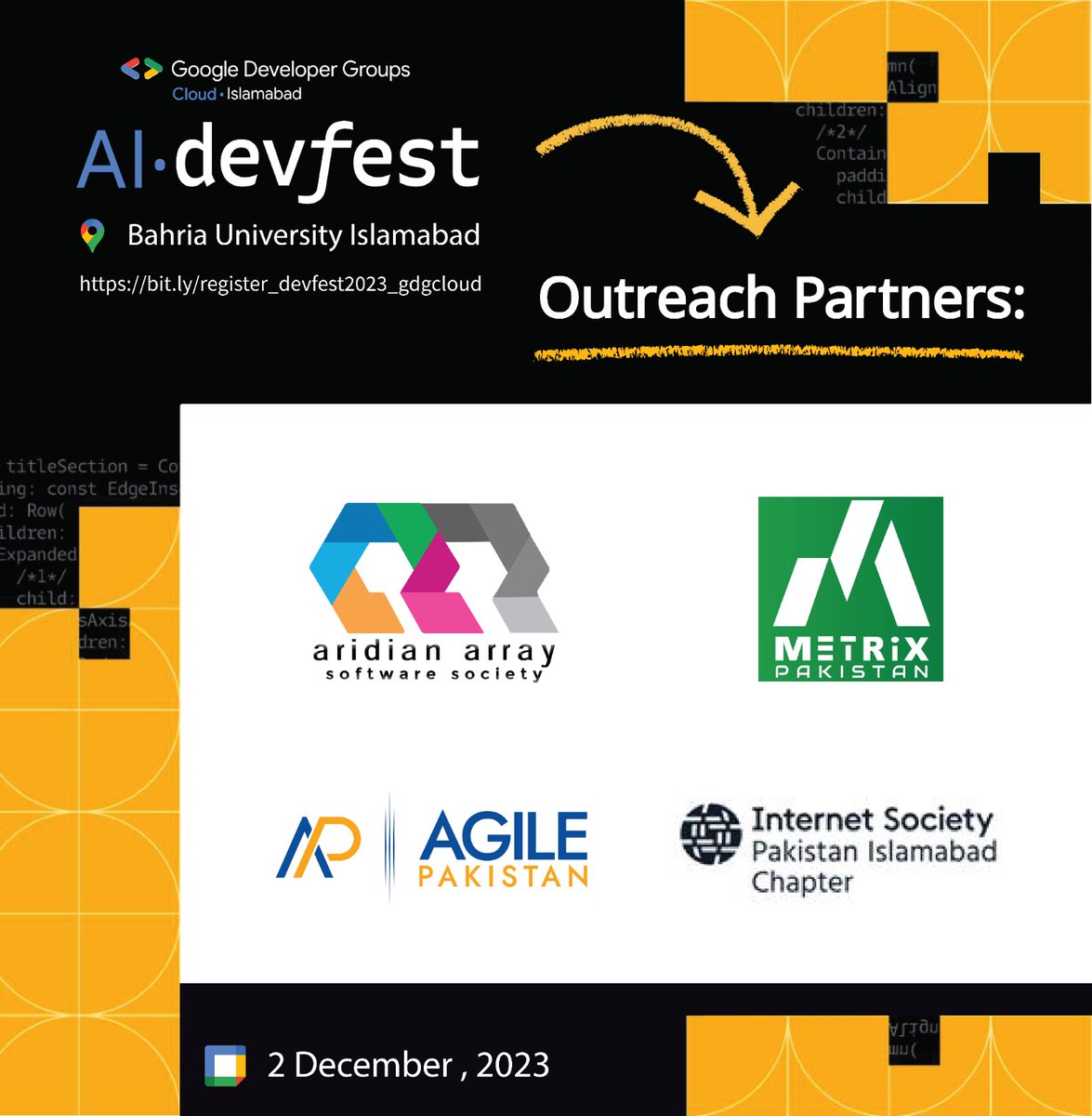 Brace yourself for an enlightening session at the Cloud AI Devfest Islamabad, where the synergy of innovation meets collaboration! A heartfelt gratitude to our esteemed partners: Aridian Array Software Society, METRIX, AGILE, Internet Society Pakistan Islamabad