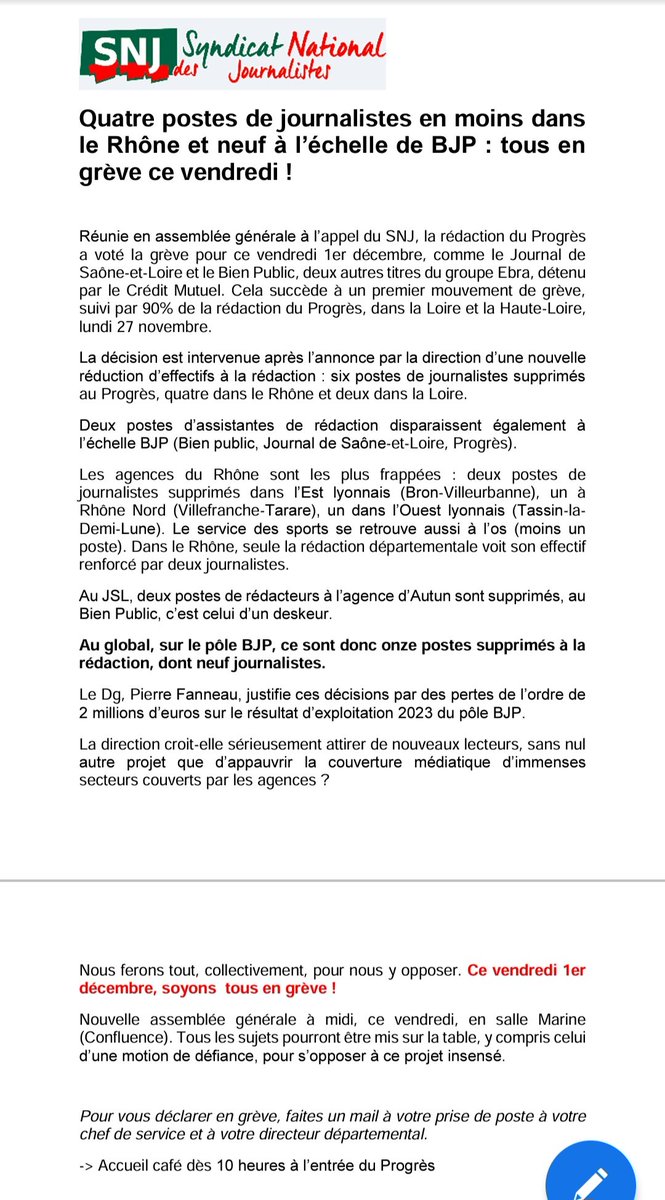 SNJ_national's tweet photo. Suppressions de postes dans les journaux du groupe @EBRApresse 

Les rédactions du @lejsl @BienPublic et @Le_Progres seront en grève ce vendredi 30 novembre à l'appel du @SNJ_national 
✊️✊️✊️ https://t.co/VNLA5Q77wE