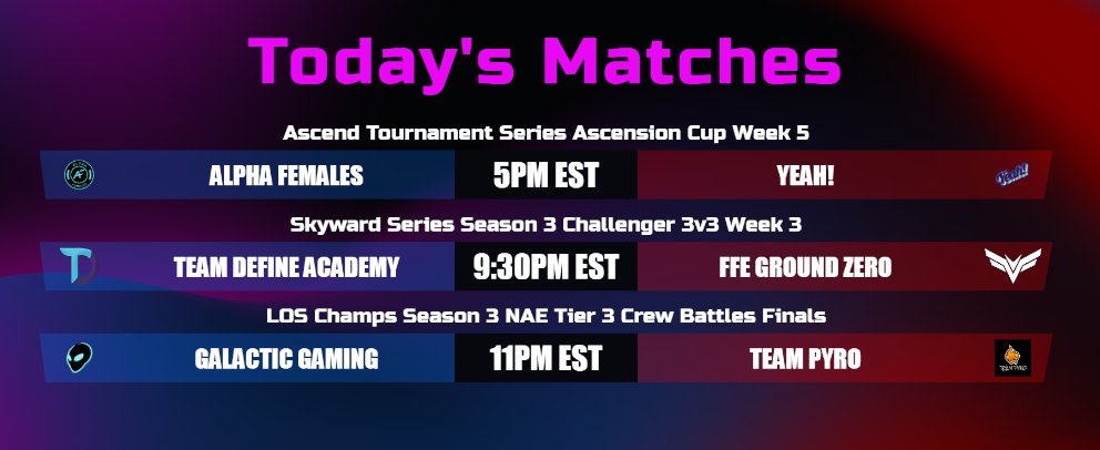 Welcome to Thursday. We have a great show for you all!

5PMP EST - Alpha Females vs <a href="/_TEAMYEAH_/">YEAH!</a> 
9:30PM EST - <a href="/Team_DefineGG/">Team Define</a> Academy vs <a href="/FinalFormEnt/">Final Form</a> Ground Zero
11PM EST - <a href="/GalacticGamingW/">Galactic Gaming</a> vs Team Pyro