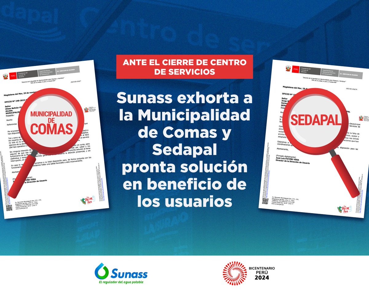 sunassperu's tweet image. 🔊#ATENCIÓN | Ante el cierre de #Sedapal #Comas, exhortamos pronta solución a la Municipalidad Distrital de Comas  y exigimos a Sedapal información sobre los planes de contingencia al respecto.