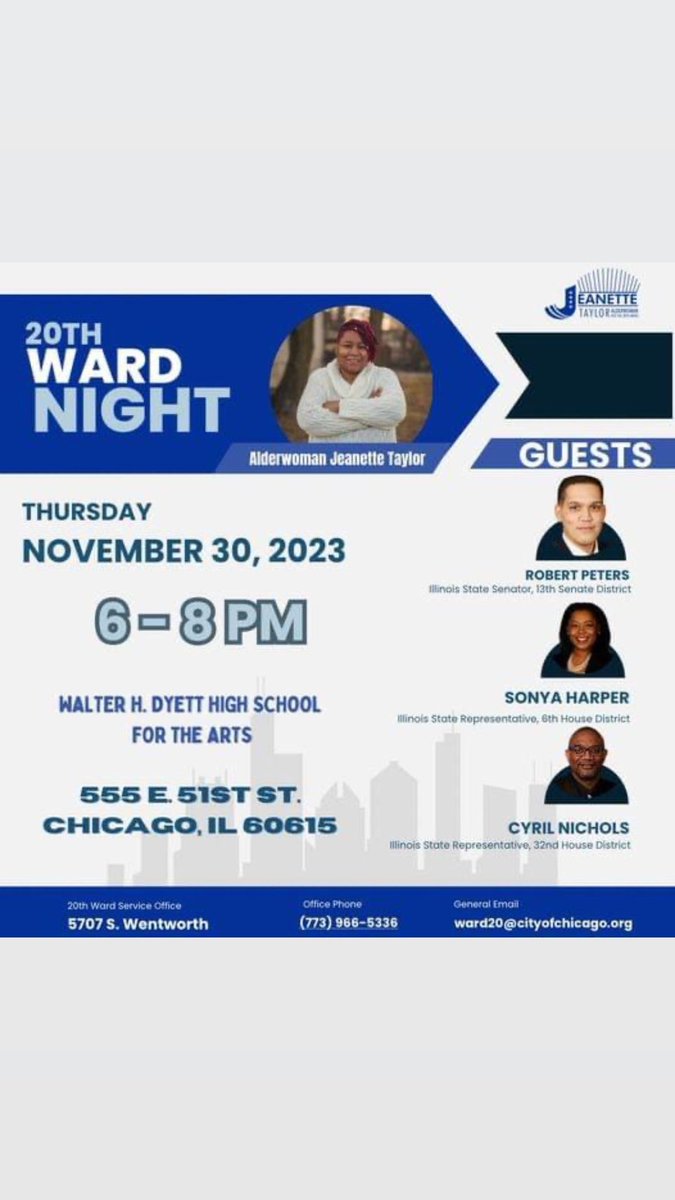 FriendsofCyrilN's tweet image. Are you joining us tonight? I will be speaking at the 20th Ward Night with Ald. @taylorfor20th. This event will occur at Walter Dyett High School located at 555 E. 51st Street at 6 pm. Stop by tonight, I’d love to meet you.
#RepNichols
#32ndDistrict
#acultureforservingall