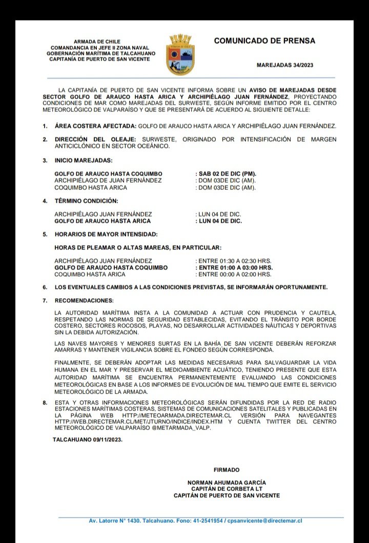 capuertovic's tweet photo. Informamos sobre un #AvisodeMarejadas emitido por Centro Meteorológico de Valparaíso que se presentará en área marítima de #Talcahuano y #Hualpén a contar de sábado 2 diciembre PM. Los detalles a continuación 👇
@DGTM_Chile @gm_talcahuano https://t.co/n5pFxqmC9W