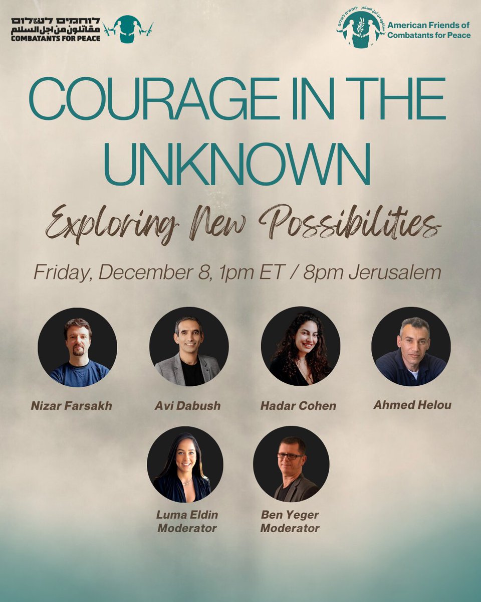 During this time of great uncertainty, please join us on Dec 8 for a virtual talk on holding on to courage and each other. We will hear from Palestinian &amp; Israeli activists who are remaining in deep partnership and exploring new possibilities. Register: bit.ly/3RnSYWH