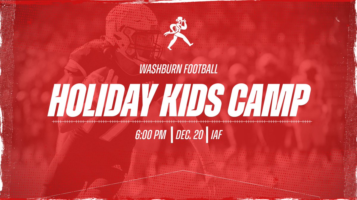 It's that time of year again! Washburn football is hosting its annual Holiday Kids Camp on Wednesday, Dec. 20 from 6:00 - 7:30 p.m. on the Indoor Athletic Facility. The cost is $20 for kids grades K-8th grade. Sign up below! #GoBods wusports.com/sports/2023/2/…