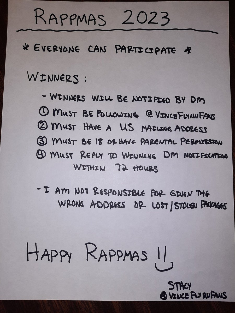 VinceFlynnFans's tweet photo. #Rappmas 2023 

RULES &amp; REGULATIONS:

A big one is if you want to win one of the gifts, please make sure you are following this account (@VinceFlynnFans). 

As always, I will try to stay on top of posting and mailing, but please be patient :)

#RappyHolidays #HappyRappmas https://t.co/EYn9Y4tkD1